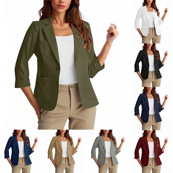 Loopsun Womens Outerwear Jackets, Blazer for Women, Women's Casual Slim 3/4 Sleeve V Neck Buttons Suit Jacket with Pockets Army Green, XXL