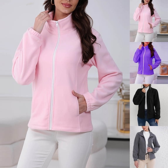 Loopsun Womens Outerwear Jackets, Winter Fleece Coats for Women, Women's Casual Solid Color Full Zipper Fleece Jacket Outerwear Pink, L
