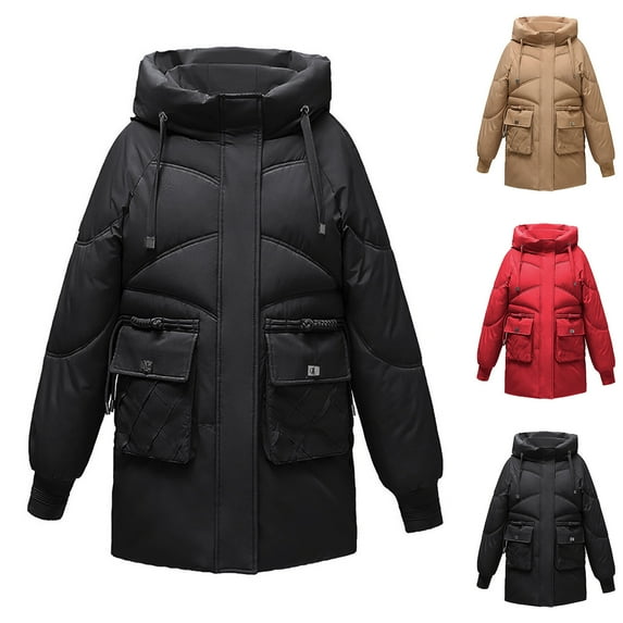 Loopsun Womens Outerwear Jackets, Winter Quilted Coats for Women, Women's Casual Solid Color Long Sleeve Hooded Padded Jacket Outerwear Red, XL