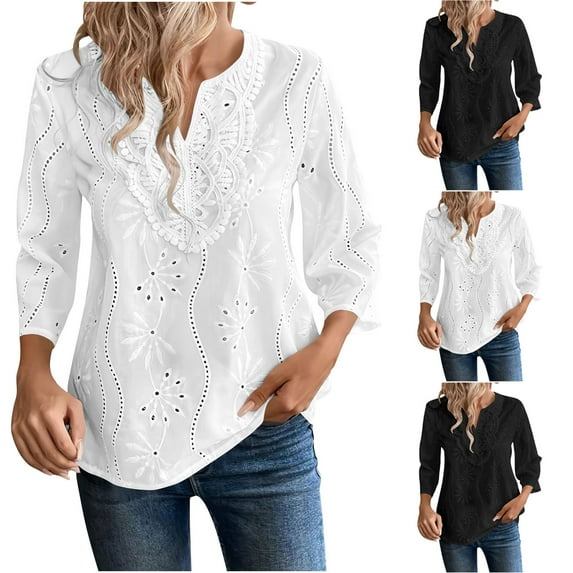 Loopsun Womens Winter Tops, 3/4 Sleeve Shirts for Women, Women's Casual Comfortable 3/4 Sleeve V-Neck Blouse Shirt Daily Top Black, XL