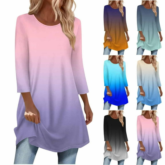 Loopsun Womens Winter Tops, 3/4 Sleeve Shirts for Women, Women's Fashion Printed 3/4 Sleeve Long Top for Daily Wear Navy, M