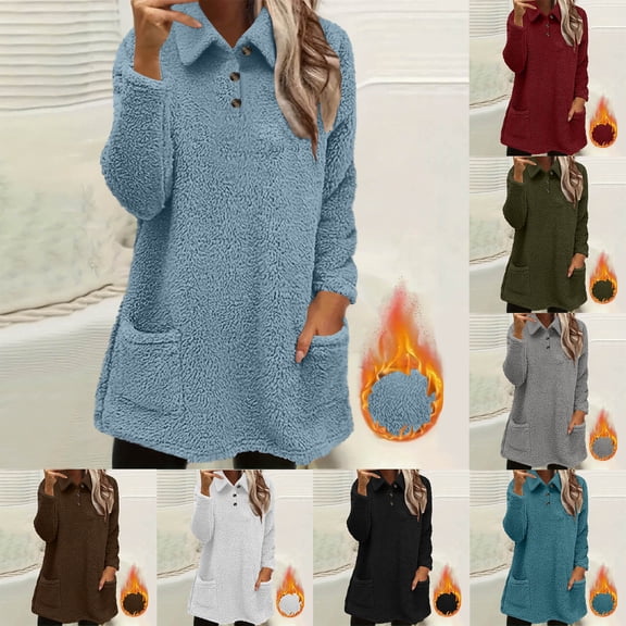 Loopsun Womens Winter Tops, Fleece Shirts for Women, Women's Fashion Lapel Button Solid Double Fleece Pullover Long Sleeve Top with Pocket Black, S