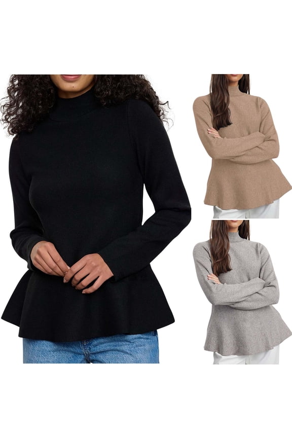 Womens Winter Tops, Knitted Sweaters for Women, Women's Fashion Casual Solid Color Long Sleeve Turtle Neck Knitted Sweater Top Black, M