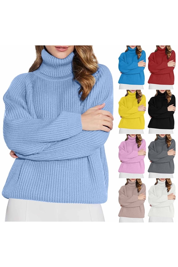 Womens Winter Tops, Knitted Sweaters for Women, Women's Fashion Casual Solid Color Turtle Neck Long Sleeve Knitted Sweater Top White, XXXL