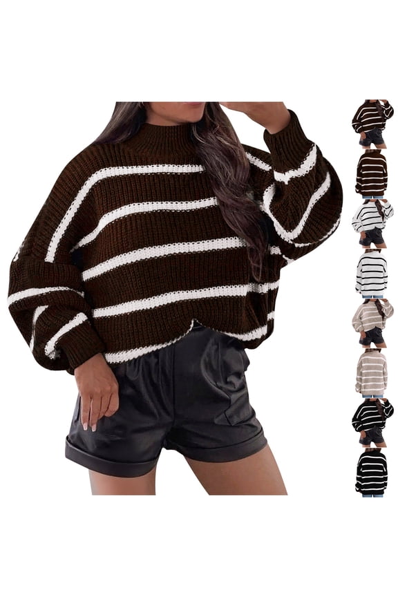 Womens Winter Tops, Knitted Sweaters for Women, Women's Knitted Long Sleeve Half Turtle Neck Striped Color Block Pullover Sweater Top Brown, M