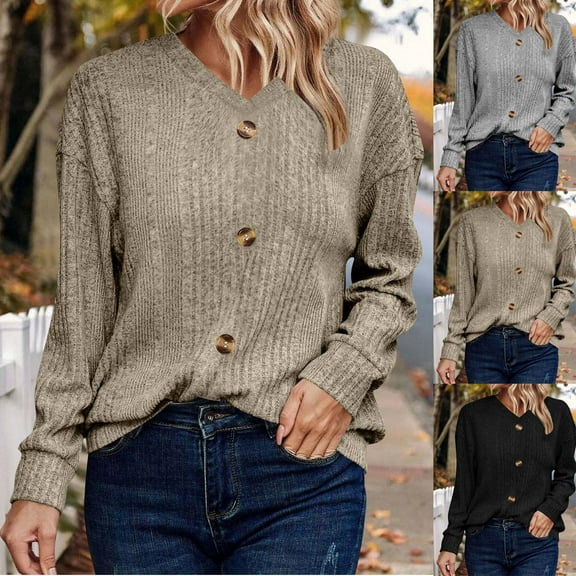 Loopsun Womens Winter Tops, Knitted Sweaters for Women, Women's Casual Knitted Long Sleeve Button V-Neck Sweater Top Khaki, S