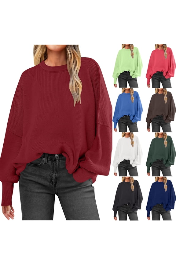 Womens Winter Tops, Knitted Sweaters for Women, Women's Fashion Long Sleeve Round Neck Knitted Sweater Top Watermelon Red, S
