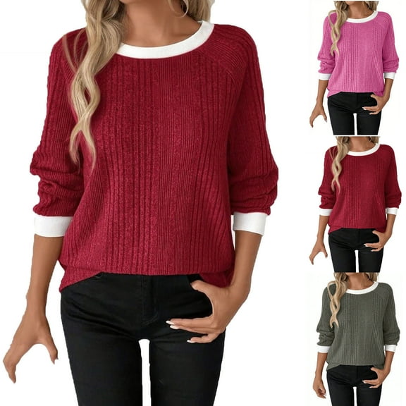 Loopsun Womens Winter Tops, Long Sleeve T Shirts for Women, Women's Fashion Solid Warm Long Sleeve Round Neck Sweater Daily Top Hot Pink, S