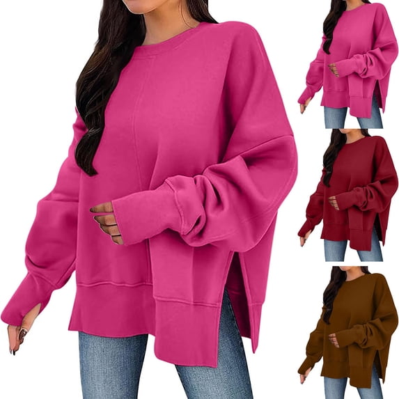 Loopsun Womens Winter Tops, Sweatshirts for Women, Women's Solid Round Neck Drop Shoulder Side Slit Loose Casual Crewneck Sweatshirt Top Brown, M
