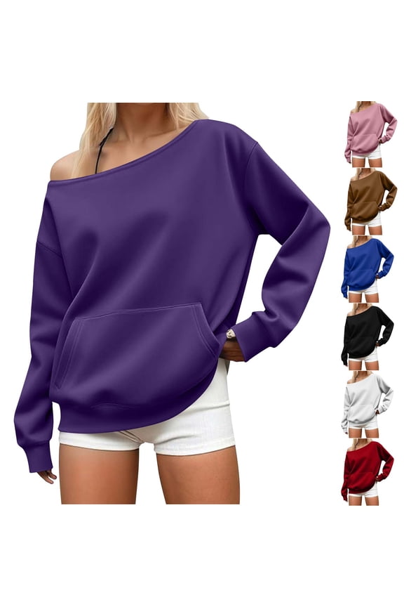 Womens Winter Tops, Sweatshirts for Women, Women's Solid Color One Shoulder Long Sleeve Sweatshirt Jacket Top Gray, XXL