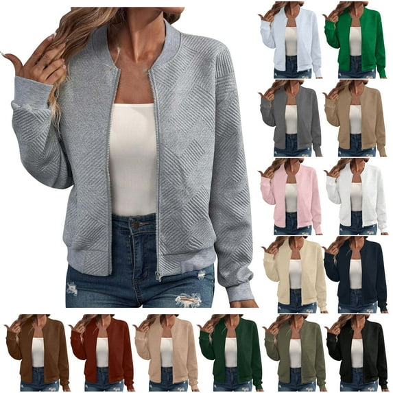 QATAINLAV Womens Lightweight Zip Up Bomber Jacket Solid Casual Textured Long Sleeve Baseball Outerwear Fall Fashion Clothes White XL