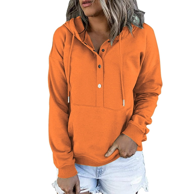 Winter Savings RQYYD Button Up Hoodies for Women Fashion Long Sleeve Pullover Tops Drawstring Sweatshirts Loose Fall Tops Clothes with Pocket Orange L Walmart