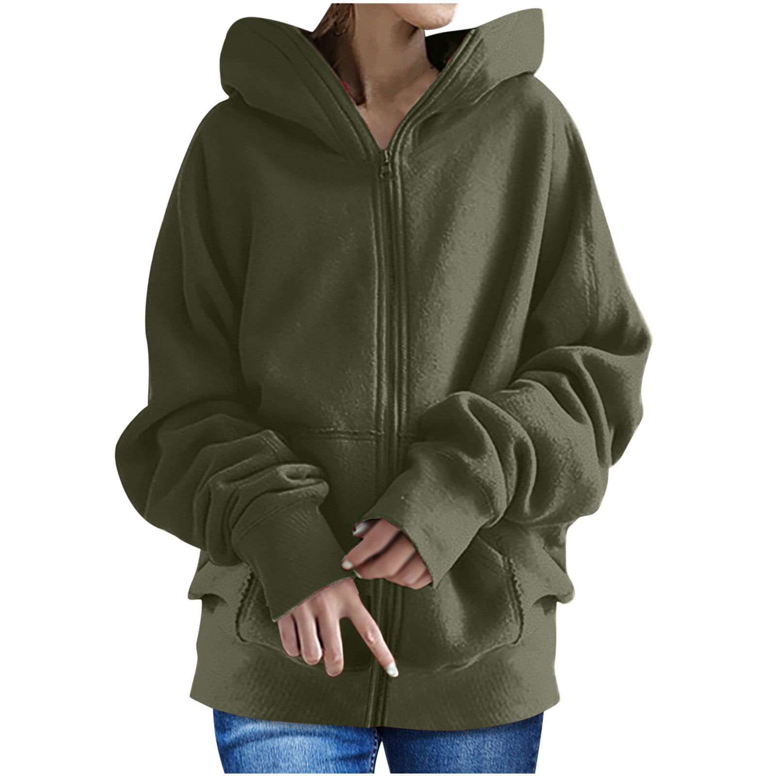 Yyeselk Women's Fleece Hooded Coat Loose Plus Size Solid Color Winter Warm  Long Sleeve Plush Hoodies Sweatshirt Hoodie Pullover Blouse Shirt Army