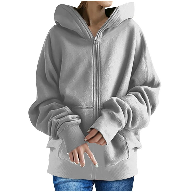 Winter Savings! RQYYD Women Casual Full Zip Up Plus Size Hoodie Comfy Loose  Solid Hooded Sweatshirt Loose Long Sleeve Winter Jacket with Pockets  (Gray,5XL) 