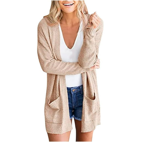 Winter Savings! RQYYD Women's 2023 Long Sleeve Waffle Knit Cardigan Solid Loose Open Front Cozy Sweater Coat with Pockets (Beige,L)
