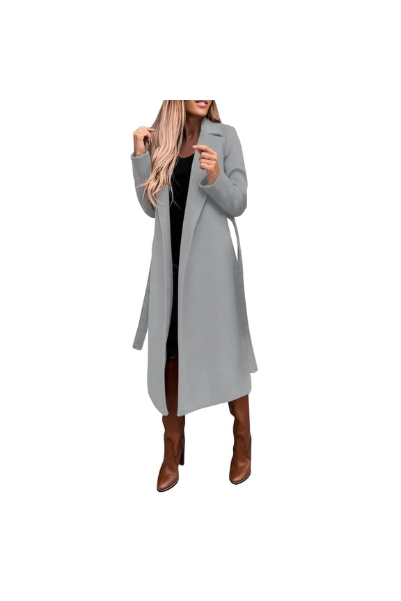 Women's Faux Wool Coat Blouse Thin Coats Trench Long Jacket Ladies Slim Long Belt Womens Ring Master Jacket (Gray,XL)
