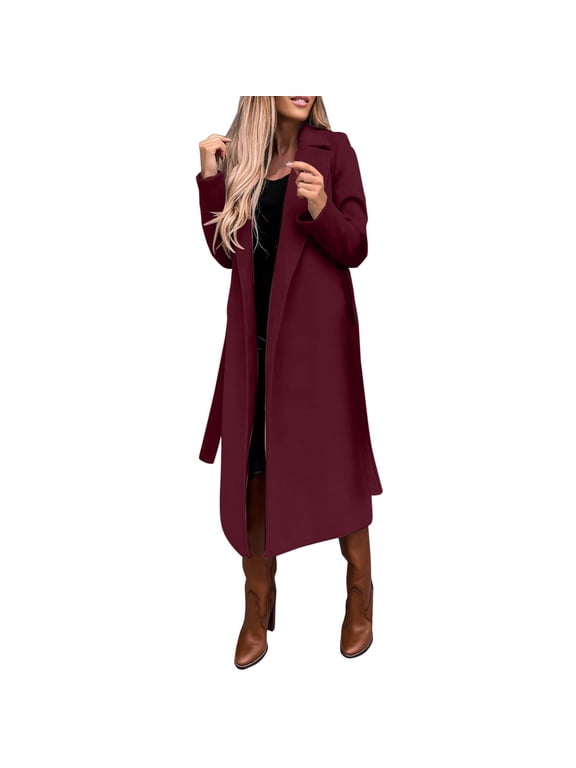 Women's Faux Wool Coat Blouse Thin Coats Trench Long Jacket Ladies Slim Long Belt Womens Ring Master Jacket (Wine,XXL)