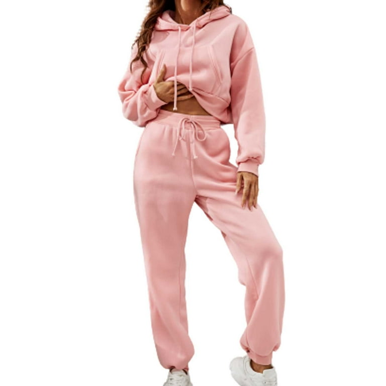 Winter Savings! RQYYD Women's Solid Sports Sweatsuits Set Long Sleeve  Hoodies Sweatshirts Crop Tops and Sweatpants 2 Piece Workout Outfits Casual  Tracksuit Jogging Suits(Pink,XL) 