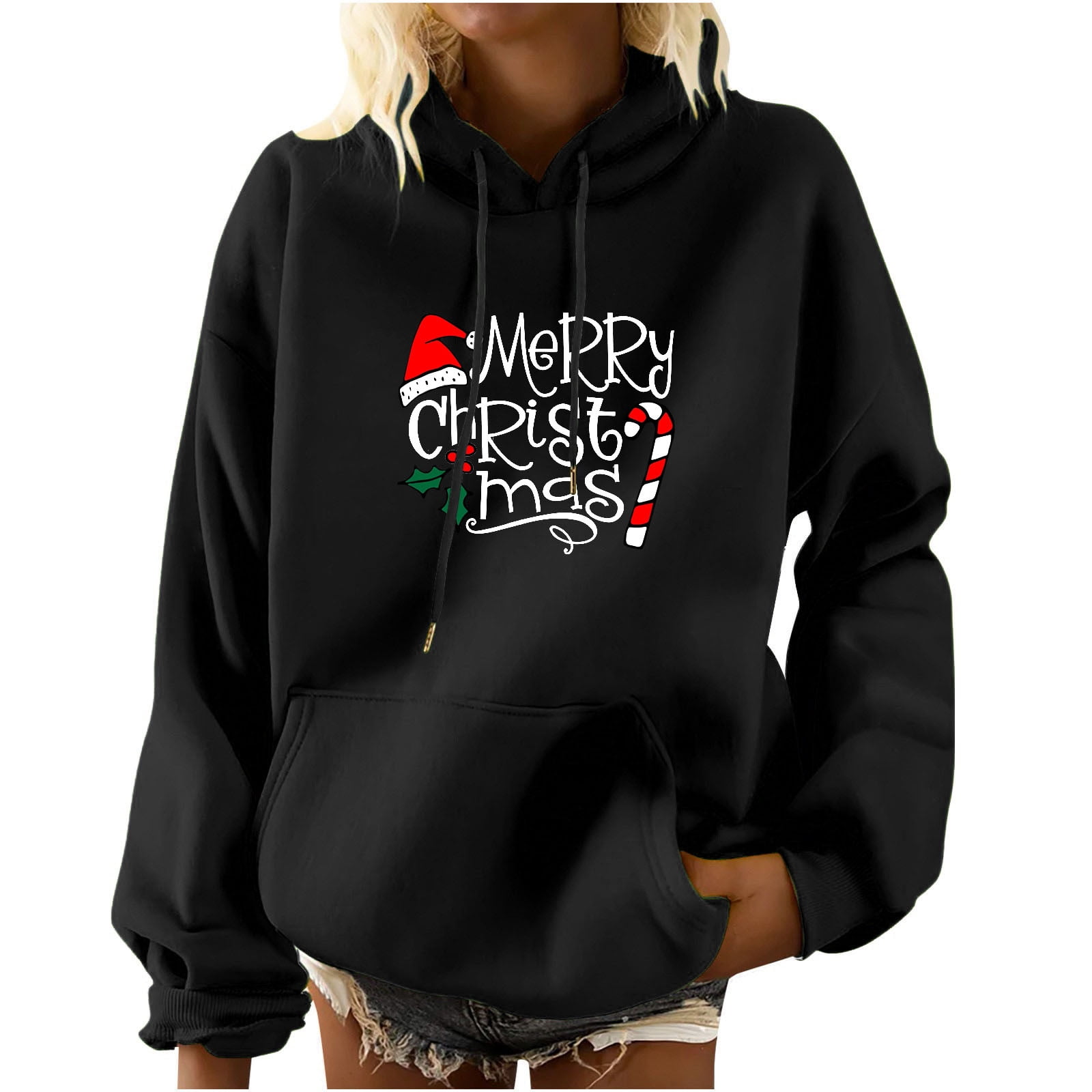 Winter Savings RQYYD Womens Casual Merry Christmas Hoodies Long Sleeve Drawstring Lightweight Hooded Sweatshirt Xmas Print Loose Pullover Tops with