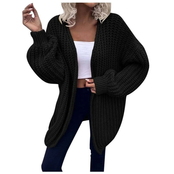RQYYD Womens Chunky Cardigan Cable Knit Oversized Lantern Long Sleeve Open Front Cardigan Sweaters Solid Casual Fall Winter Outwear (Black,XL)