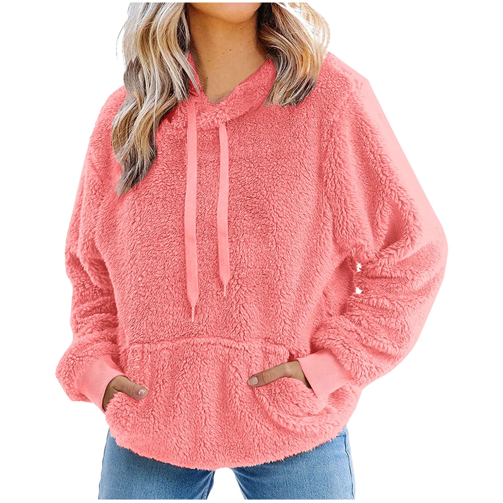 Winter Savings! RQYYD Womens Fuzzy Sherpa Pullover Solid Color Flannel  Hoodie Drawstring Fleece Sweatshirts Shaggy Oversized Outerwear with  Pockets (Pink,S) 