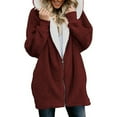 thumbnail image 1 of RQYYD Zipper Winter Coats for Women,Casual Plus Size Fleece Hooded Jacket Loose Soft Outdoor Sherpa Lined Thick Coat Outwear with Pocket (Wine,5XL), 1 of 6