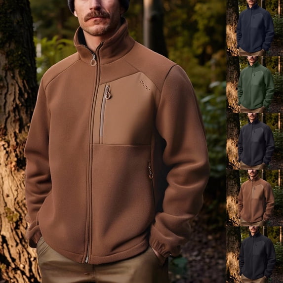 SROBPTY Mens Winter Coats, Fleece Jackets for Mens, Men's Casual Solid Fleece Long Sleeve Stand Up Collar Zipper Jacket with Pocket Green,XL