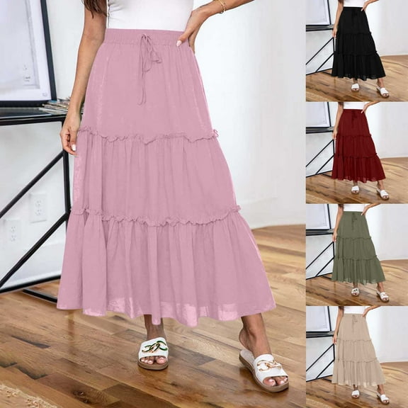 SROBPTY Womens Skirts, Skirts for Women Trendy, Women's Casual Solid Color Pleated Elastic Waist Knee Length Skirts with Pocket Purple,S