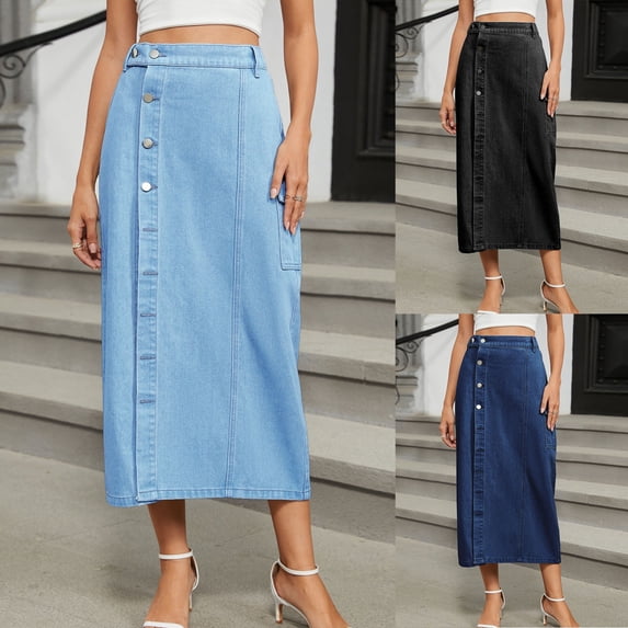 SROBPTY Womens Skirts, Skirts for Women Trendy, Women's Fashion Trendy Solid Color Elastic Waist Button Split Denim Midi Skirts Light Blue,XL