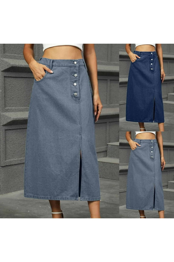 Womens Skirts, Skirts for Women Trendy, Women's Casual Solid Color Button Split Pocket Knee Length Skirt Dark Blue,M