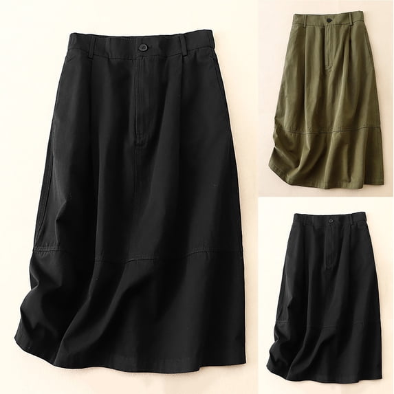 SROBPTY Womens Skirts, Skirts for Women Trendy, Women's Solid Color Elastic Waist Cargo Midi A Line Skirts Black,L