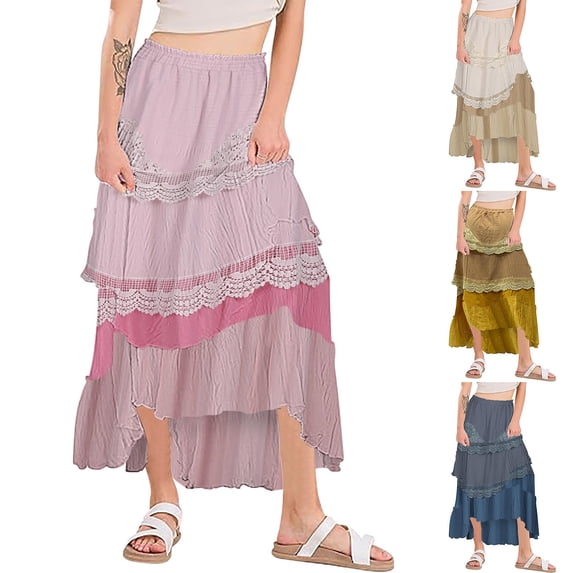 SROBPTY Womens Skirts, Skirts for Women Trendy, Women's Vintage Lace Spliced Long Skirt Yellow,XXXXL