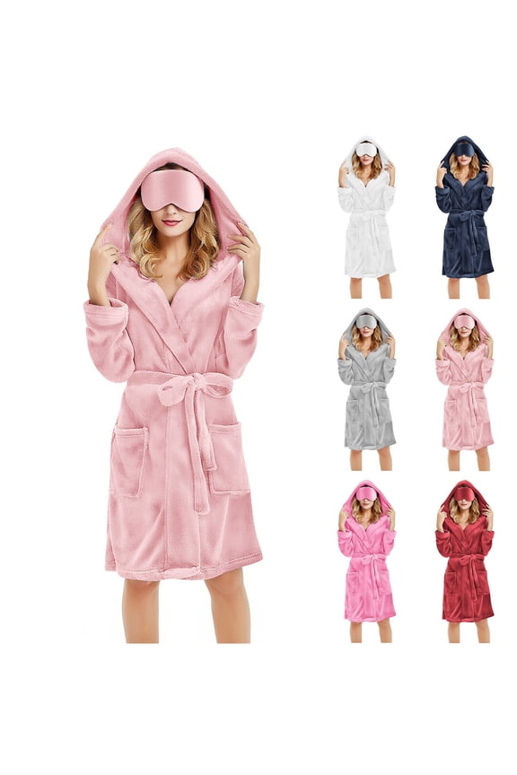 Womens Sleepwear, Robes for Women, Women's Comfortable Solid Color Hooded Midi Robe with Two Pockets Warm Home Sleepwear Pink,S