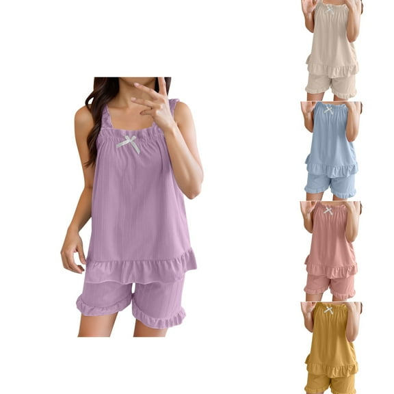 SROBPTY Womens Sleepwear, Two Piece Pajama Sets for Women, Women's Casual Solid Elastic Tank Top and Shorts 2 Piece Pajama Sets Purple,XXL