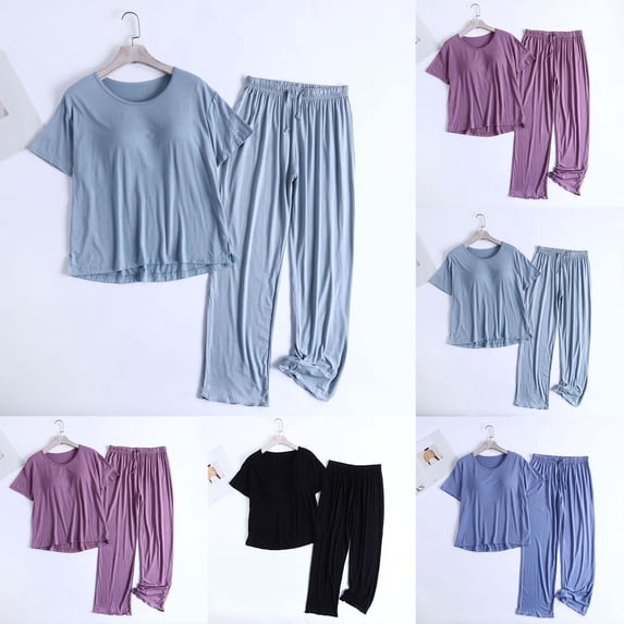 SROBPTY Womens Sleepwear, Two Piece Pajama Sets for Women, Women's Loose Solid Short Sleeve Shirts with Pads and Long Pants 2 Piece Home Pajama Sets Blue,XXXL