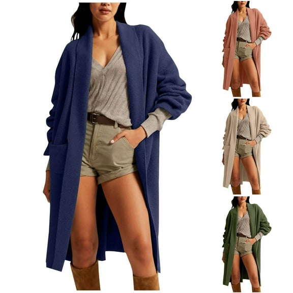 SROBPTY Womens Winter Jackets, Front Open Coats for Women, Women's Casual Solid Long Sleeve Open Front Knit Cardigan Sweater Mid-length Jacket Outerwear Coats Navy,XL