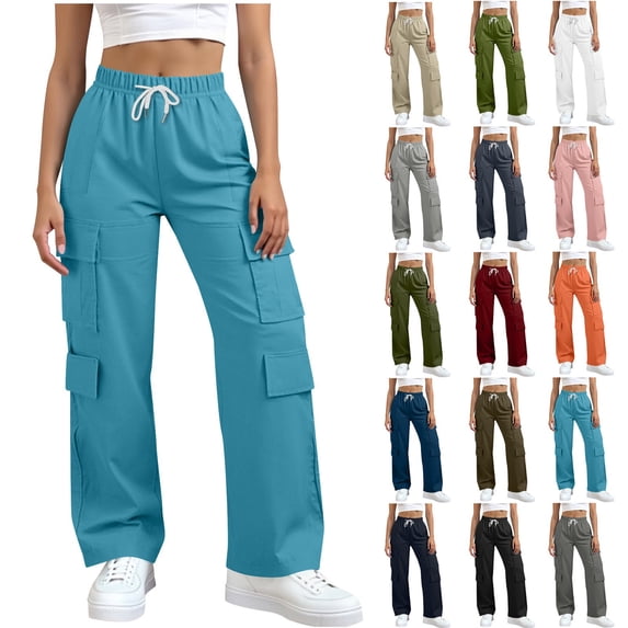 SROBPTY Womens Winter Long Pants, Cargo Pants for Women, Women's Casual Solid Color Elastic Waist Straight Leg Cargo Pants with Side Pockets Navy,XL