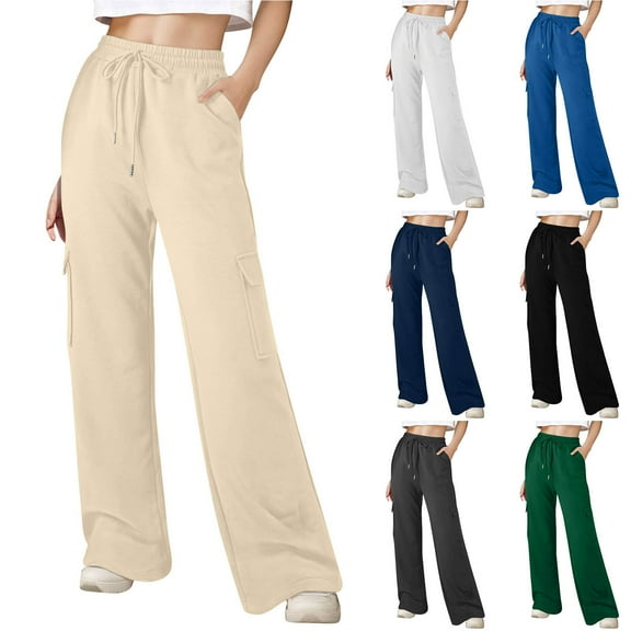 SROBPTY Womens Winter Long Pants, Sweatpants for Women, Women's Casual Loose Solid Sports Sweatpants with Side Pockets Beige,S