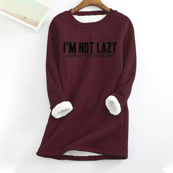 Titcea Fleece Pullover Women Letter Print Thermal Long Sleeve Crew Neck Sweatshirts Comfort Warm Soft Casual Tops