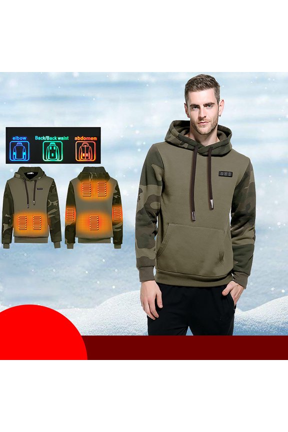 Heated Hoodie for Men, 7 Heating Zones Three Control, USB Rechargeable Camouflage Print Heated Jacket with Hood Drawstring Warming Heating Coat