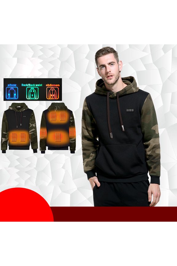 Heated Hoodie for Men, 7 Heating Zones Three Control, USB Rechargeable Camouflage Print Heated Jacket with Hood Drawstring Warming Heating Coat