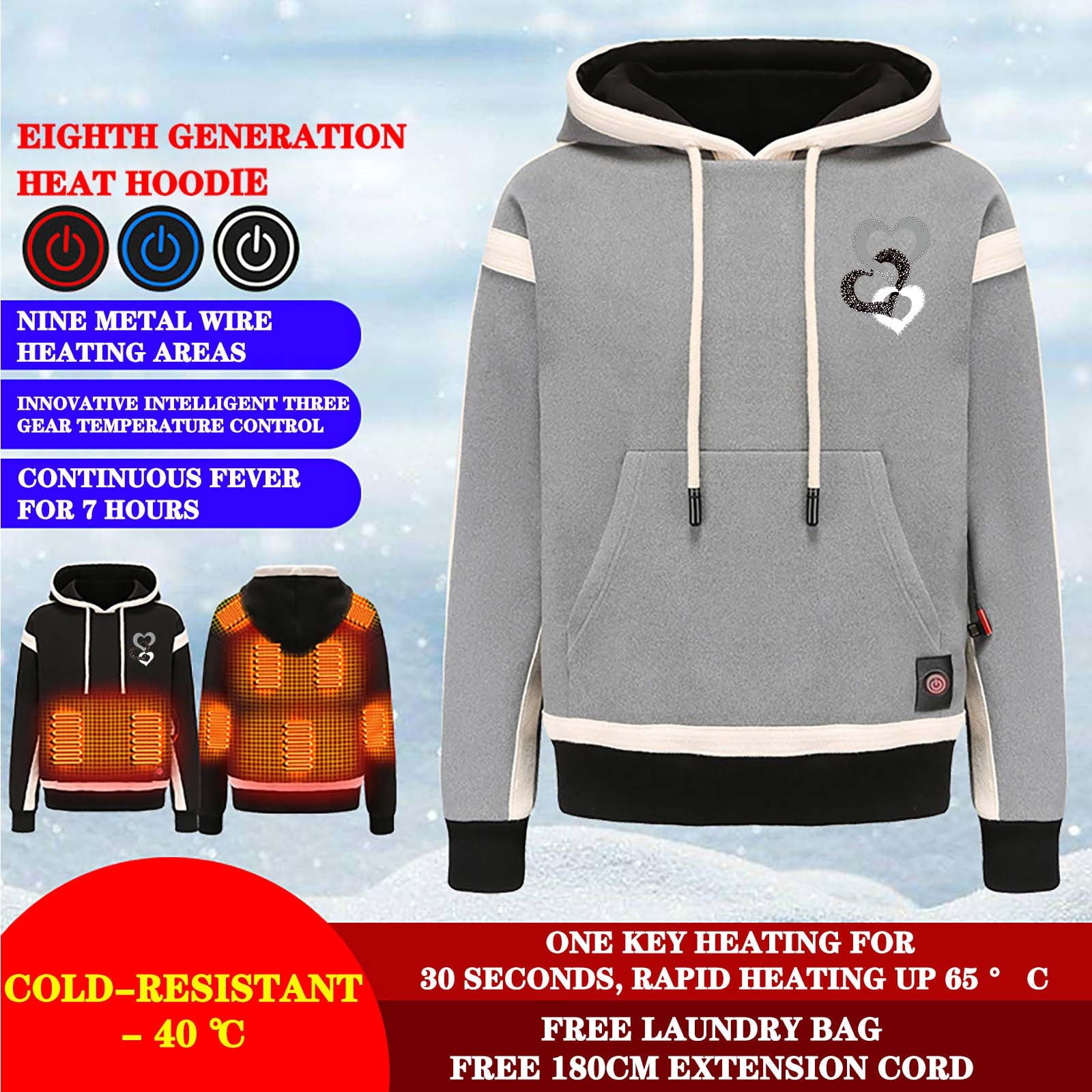 Titcea Heated Hoodie Women, 3 Adjustable Temperature 9 Heating Zones, USB Rechargeable Heated Sweatshirt with Hood Fashion Print Drawstring Warming Sweater, Gifts for Her
