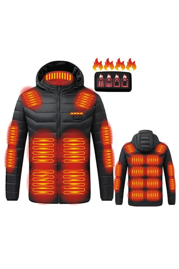 Heated Jacket for Men, 3 Adjustable Temperature 21 Heating Zones, USB Rechargeable Heated Jacket with Hood Solid Color Zip Up Windproof Warming Coat, Gifts for Men