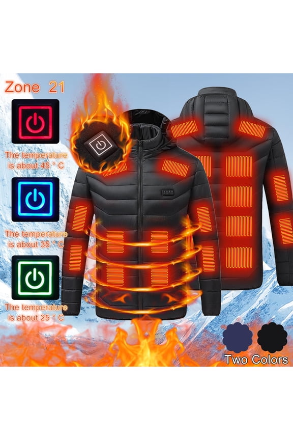 Heated Jacket for Men, 3 Adjustable Temperature 21 Heating Zones, USB Rechargeable Heated Jacket with Hood Solid Color Zip Up Windproof Warming Coat, Gifts for Men