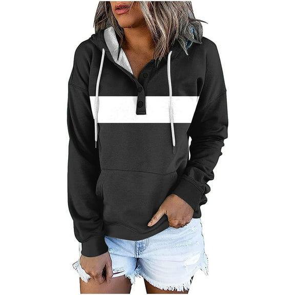 Titcea Hoodies for Women Patchwork Printed Oversized Drawstring Long Sleeve Buttons V-Neck Hoodie with Pockets Loose Casual Long Pullover Sweatshirt