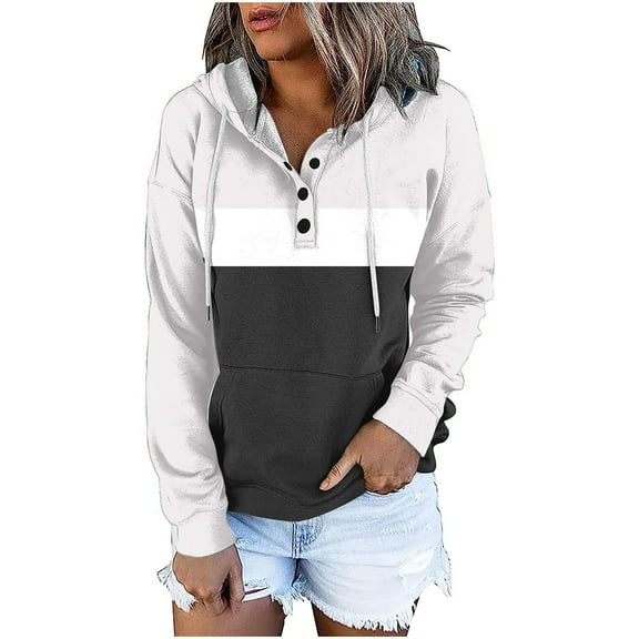 Titcea Hoodies for Women Patchwork Printed Oversized Drawstring Long Sleeve Buttons V-Neck Hoodie with Pockets Loose Casual Long Pullover Sweatshirt