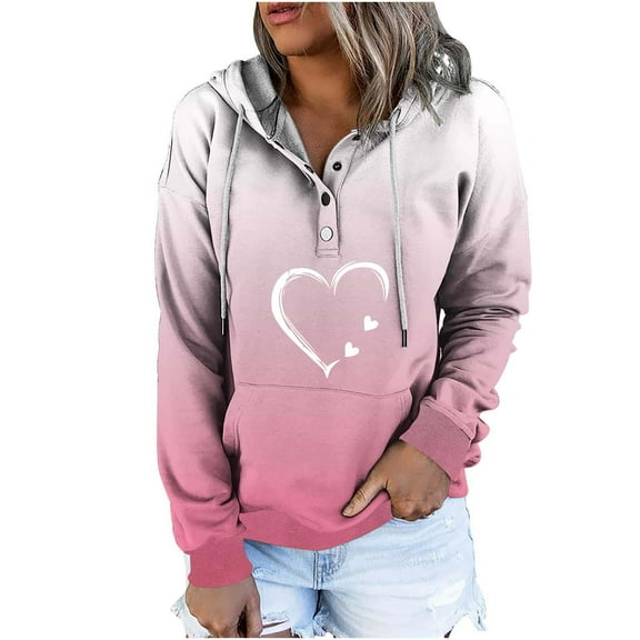 Titcea Hoodies for Women V-Neck Gradient Printed Oversized Drawstring Buttons Long Sleeve Hoodie with Pockets Loose Casual Pullover Sweatshirt