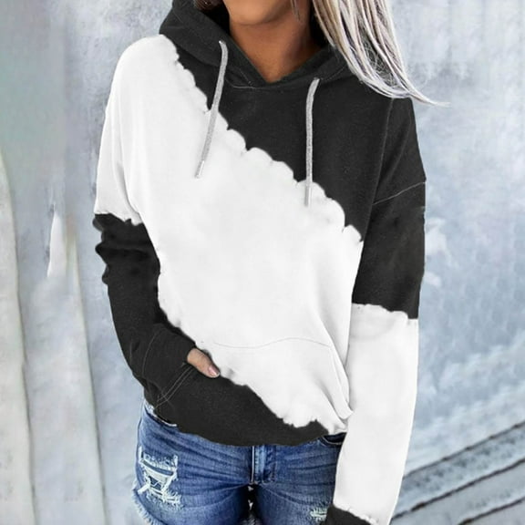 Titcea Hoodies for Women Oversized Drawstring Patchwork Printed Long Sleeve Hoodie with Pockets Loose Casual Pullover Sweatshirt