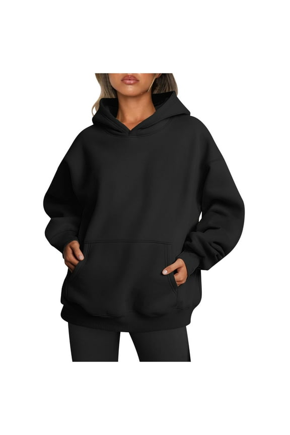 Hoodies for Women Oversized Solid Color Long Sleeve Fleece Sweatshirt Trendy Pullover Sweaters with Pockets