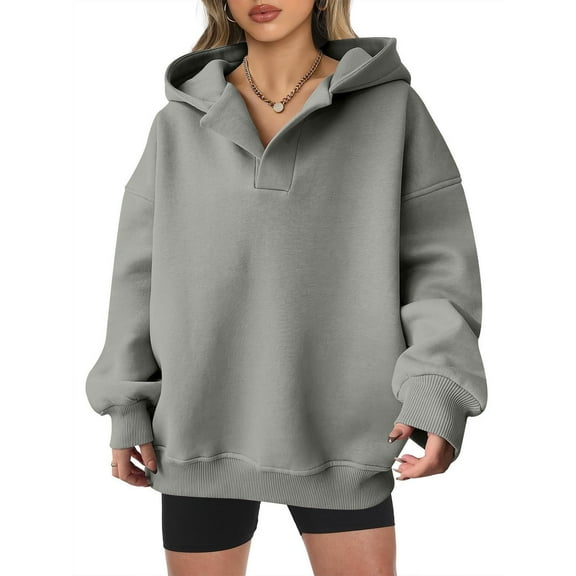 Titcea Hoodies for Women Solid Color Oversized Long Sleeve V-Neck Hoodie Loose Casual Long Pullover Sweatshirt